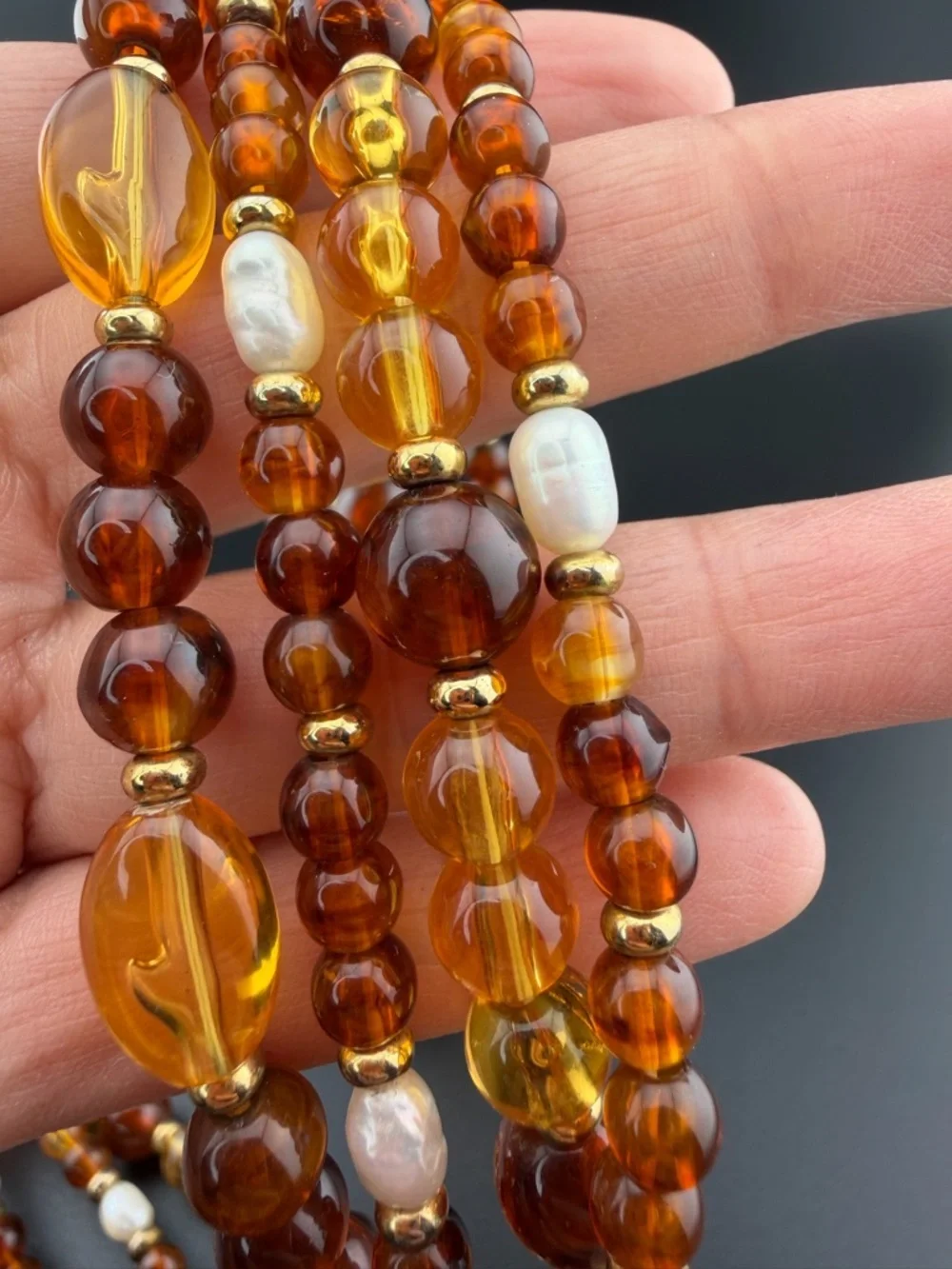 Vintage Givenchy 4-Strand Faux Amber & Baroque Pearl Necklace